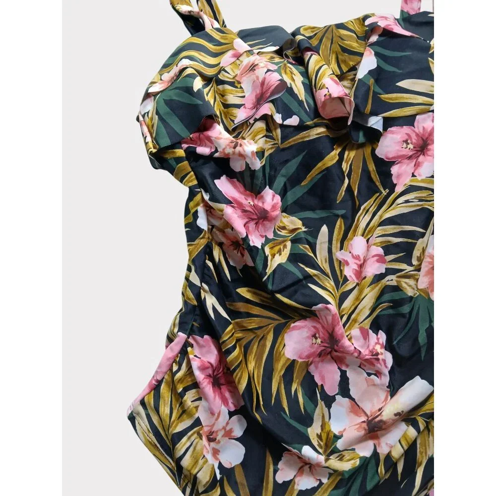 Kona Sol 16W Black Green Pink Floral Ruffle Front One Piece Swimsuit 16W Plus - Picture 8 of 13